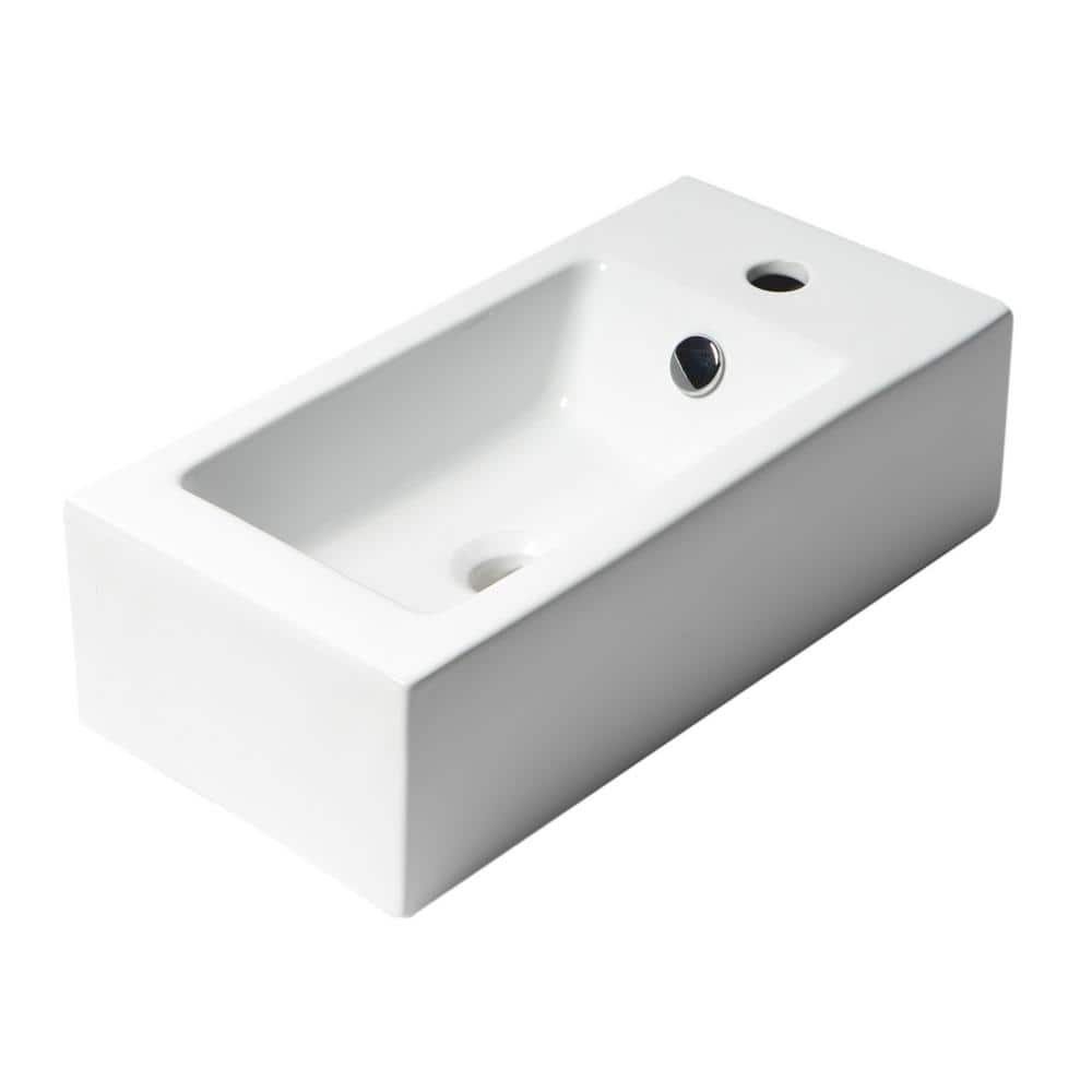 White Ceramic Rectangular Wall-Mount Bathroom Sink with Overflow