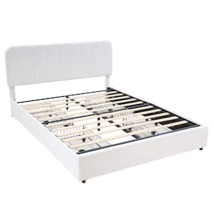 Upholstered Bed White Metal Frame Queen Size Platform Bed with 4-Storage Drawers and Headboard, Wooden Slats Support