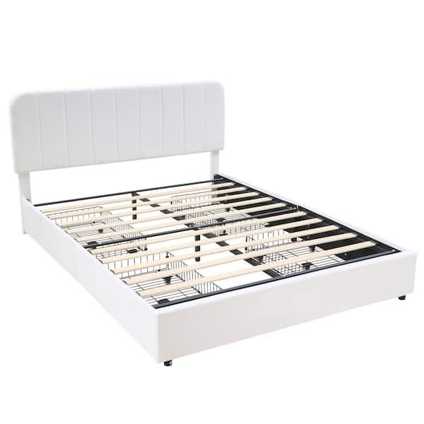 VECELO Upholstered Bed White Metal Frame Queen Size Platform Bed with 4-Storage Drawers and Headboard, Wooden Slats Support