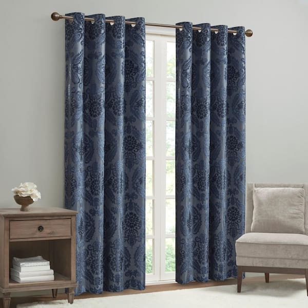 Madison Park Loraine Navy Damask Knitted Jacquard Paisley 50 in. W x 95 in. L Blackout Grommet Top Curtain