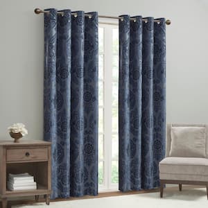 Loraine Navy Damask Knitted Jacquard Paisley 50 in. W x 84 in. L Blackout Grommet Top Curtain