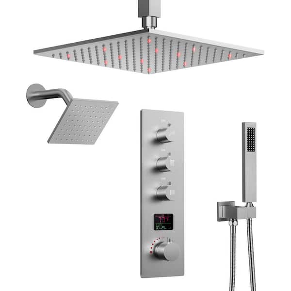 IntelliFlow 3-Color LED Quadruple Handle 7-Spray Shower Faucet 2.5 GPM with High Pressure, Anti Scald in Brushed Nickel