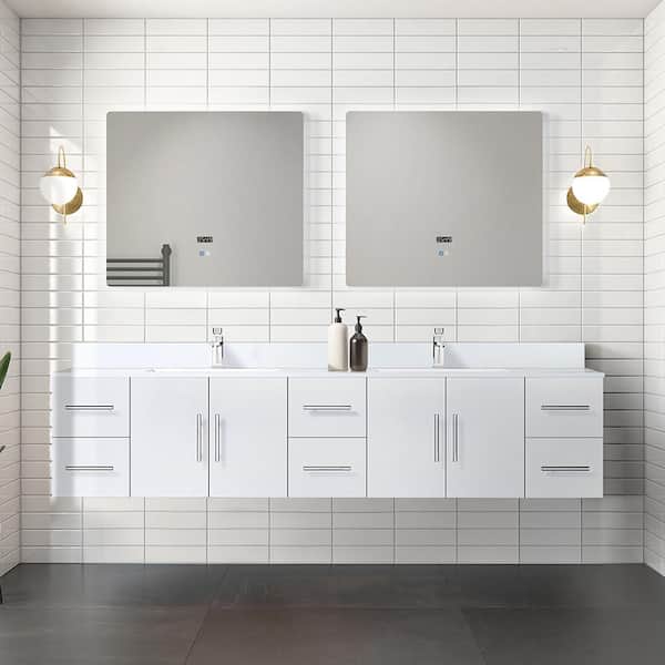 Lexora Geneva 84 in. W x 22 in. D Glossy White Double Bath Vanity, White Quartz Top, Faucet Set, and 36 in. LED Mirrors