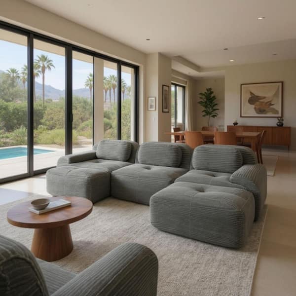 SMZO 117 in. Rolled Arm 4-Piece Corduroy Modular Sectional Sofa, No-Assembly Design with Ottoman in Graphite Grey