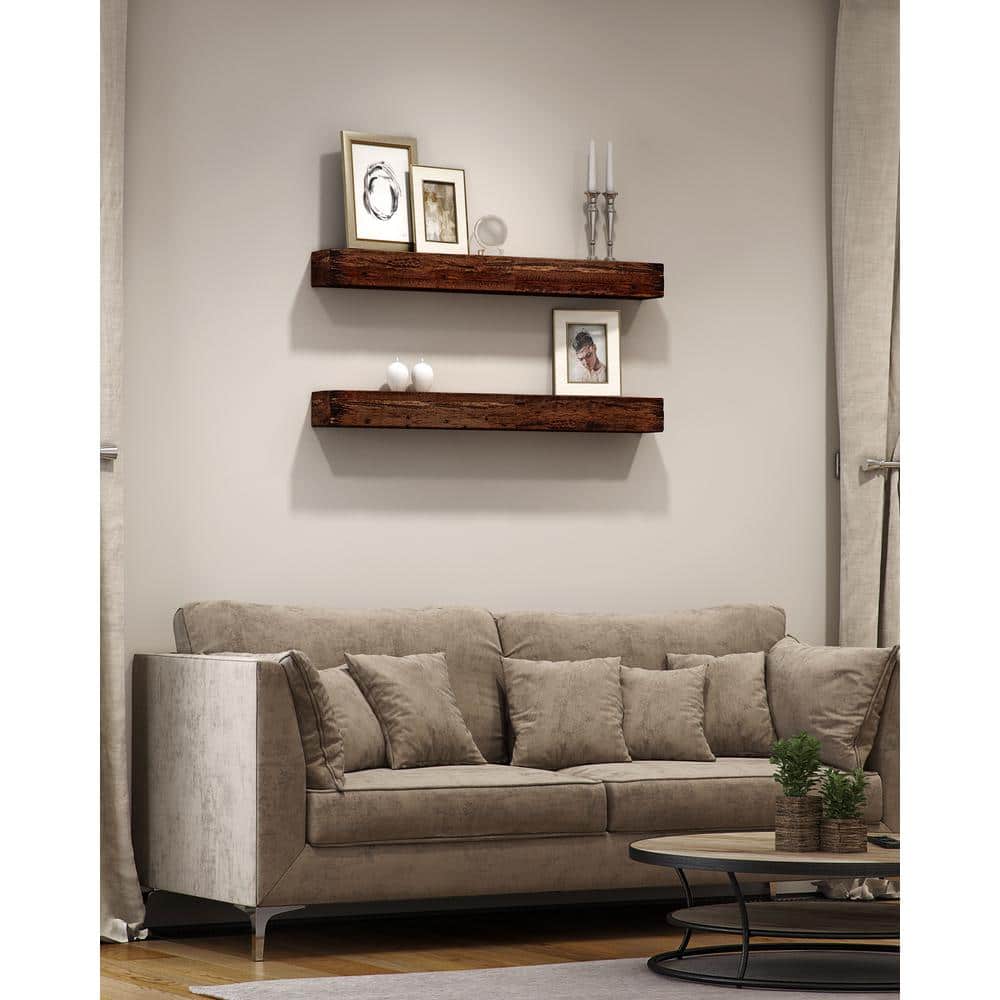 24" Brown Hardwood Floating Wall Mantel Shelves, Set of 2