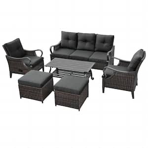 Set of 6 PE Wicker Outdoor Sectional Sofa with Reclining Backrest Coffee Table Footstool Seat Cushion Light black