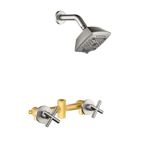 2 Handle 6-Spray Shower Faucet Kit 1.8 GPM with Ceramic Disc Valves Brass 5 in. Wall Mount Shower System Brushed Nickel
