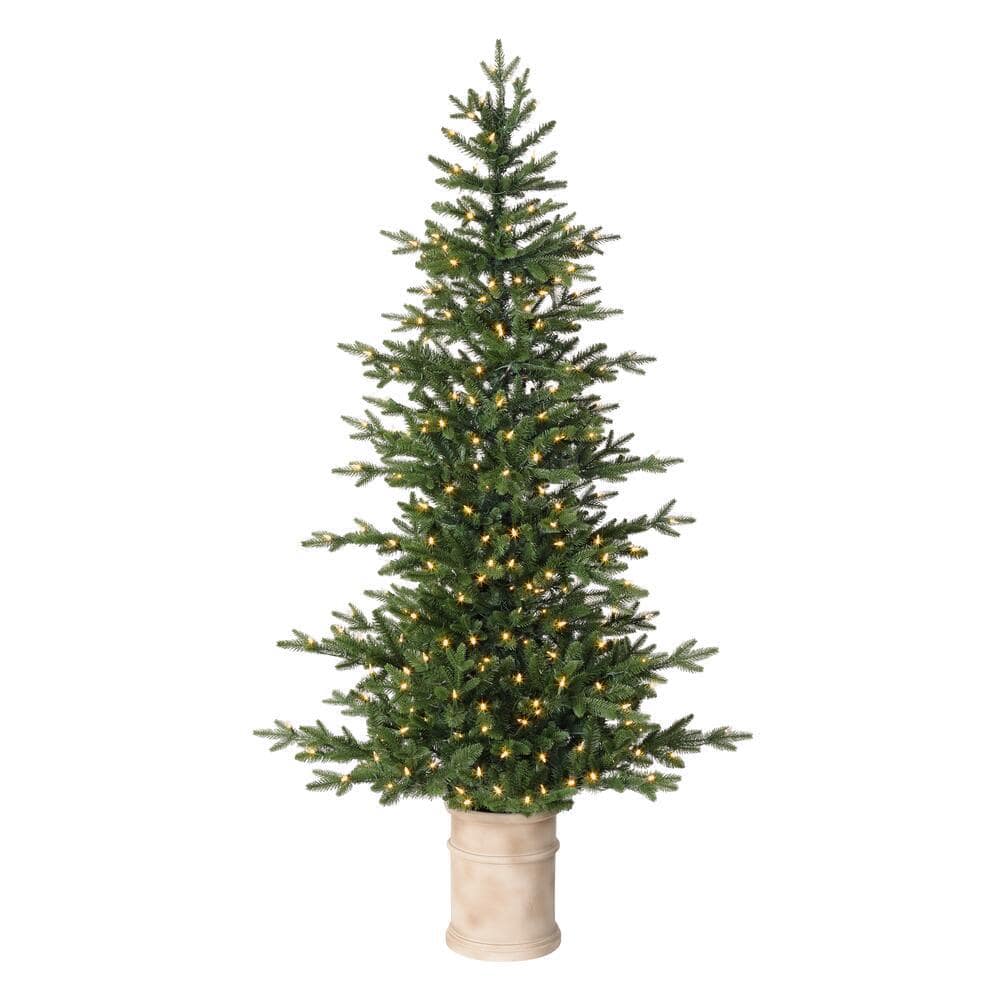 Home Accents Holiday 6 5 Ft Fir Led Pre Lit Potted Artificial Christmas Tree With 300 Warm White Mini Lights Tv66p3c59l01 The Home Depot