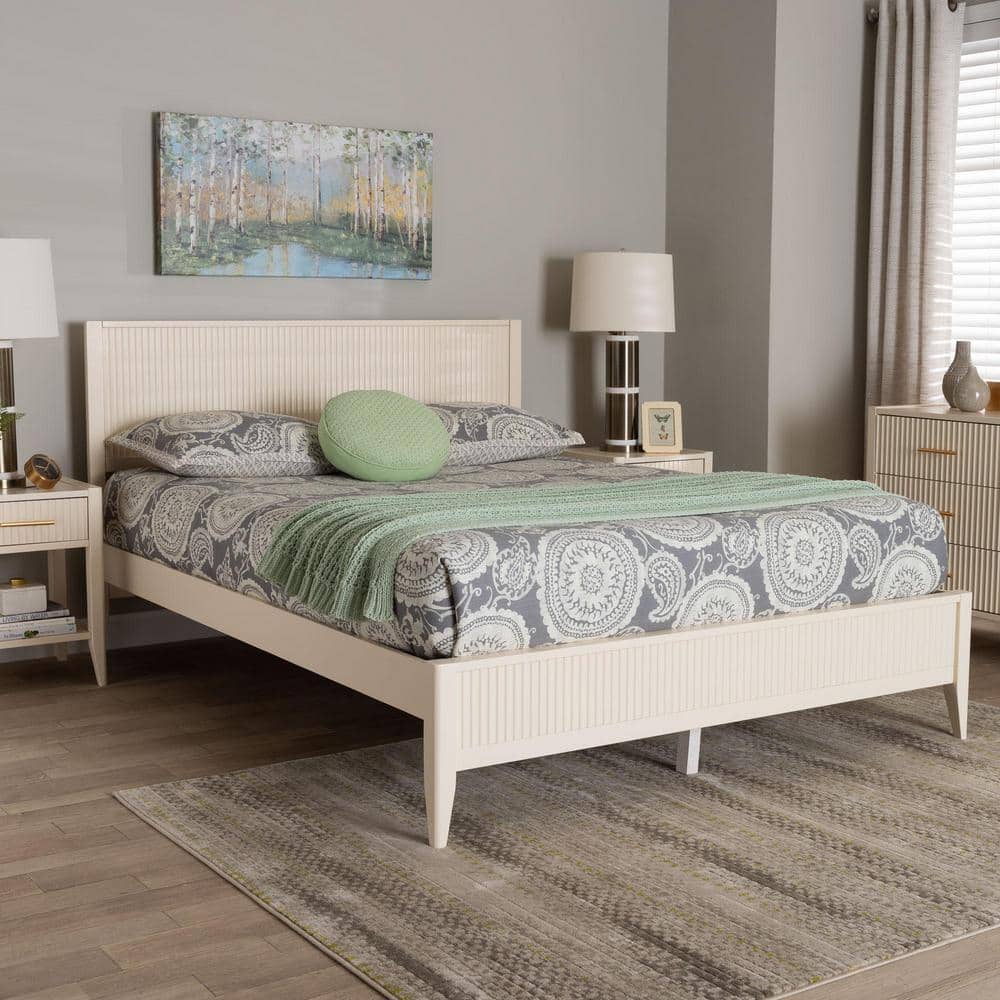 Ivory Fluted Wood King Platform Bed with Slats
