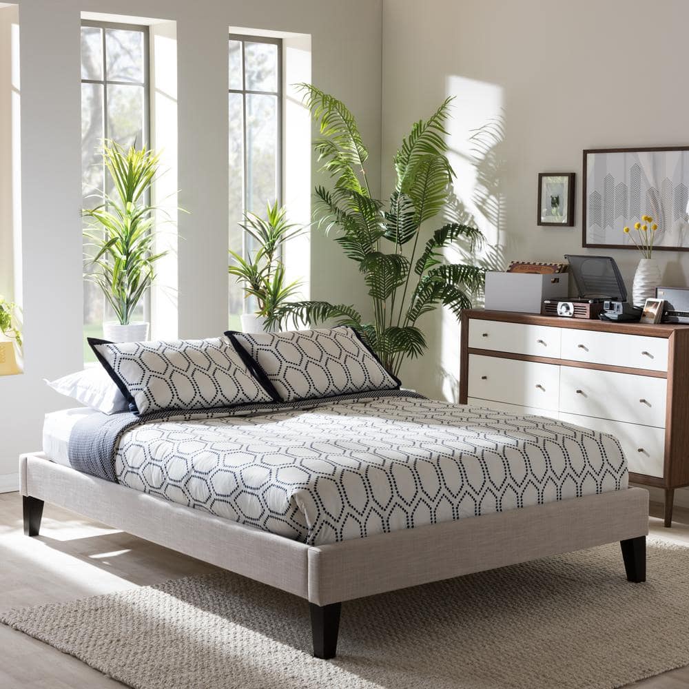 Contemporary Beige Linen Full Bed Frame with Tapered Legs