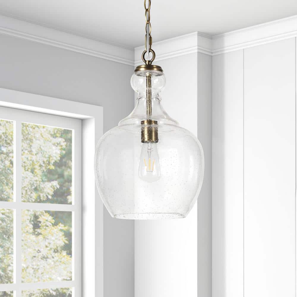 Verona 1-Light Brass Pendant with Seeded Glass Shade