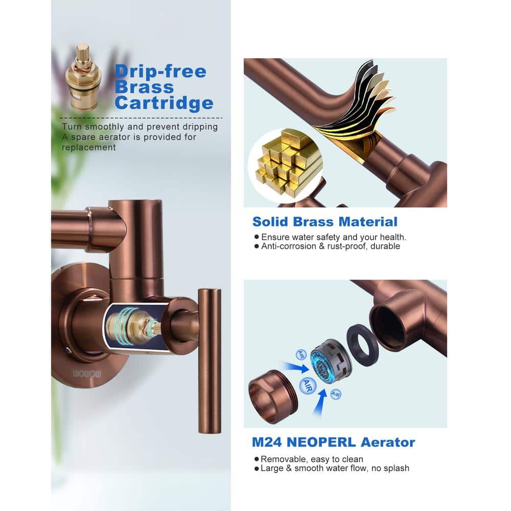 Rose Gold Brass Wall Mounted Pot Filler Faucet with Double Joint Swing Arms