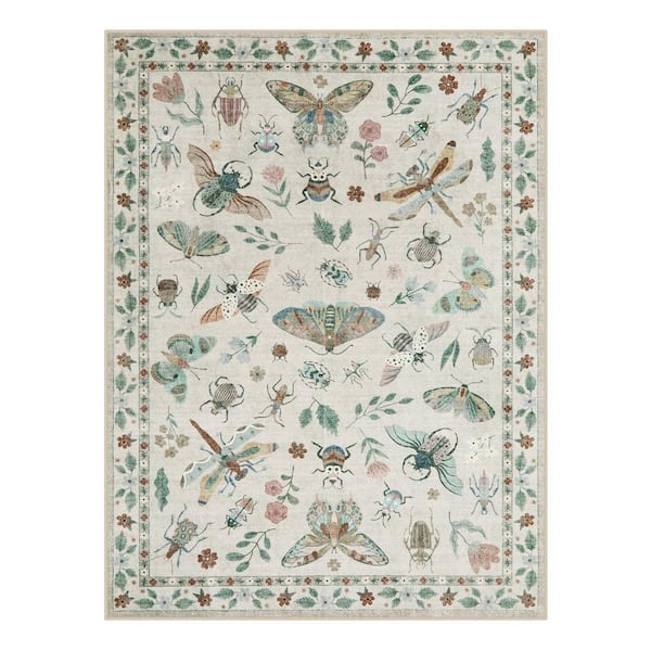 Washable Modern Insect Pattern Non Slip Beige 9 ft. x 12 ft. Living Room/Bedroom Indoor Area Rug