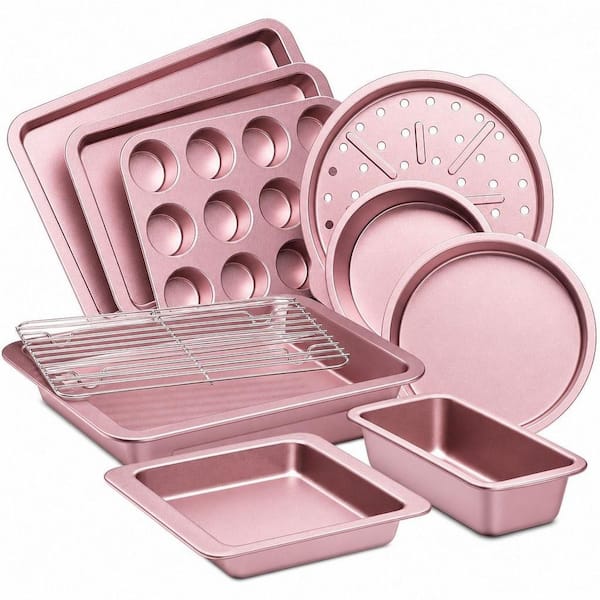10-Piece Stackable Pink Bakeware Set, Non-Stick Coating, Heavy-Duty Carbon Steel, with Versatile Pans, Cookie Sheet
