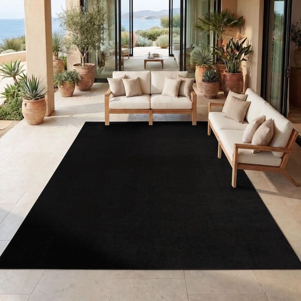 Essentials 10 ft. x 14 ft. Black Solid Contemporary Indoor/Outdoor Patio Area Rug