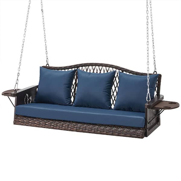 Unbranded 3-Person Brown Wicker Porch Swing with Blue Cushions, Cup Holder and 8.9 ft. Hanging Chains