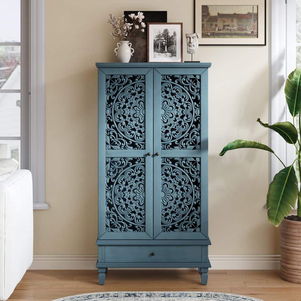 55 in. H Antique Blue Solid Wood & MDF Buffet /Accent Cabinet with Drawer 2-Door Carved Wood Storage