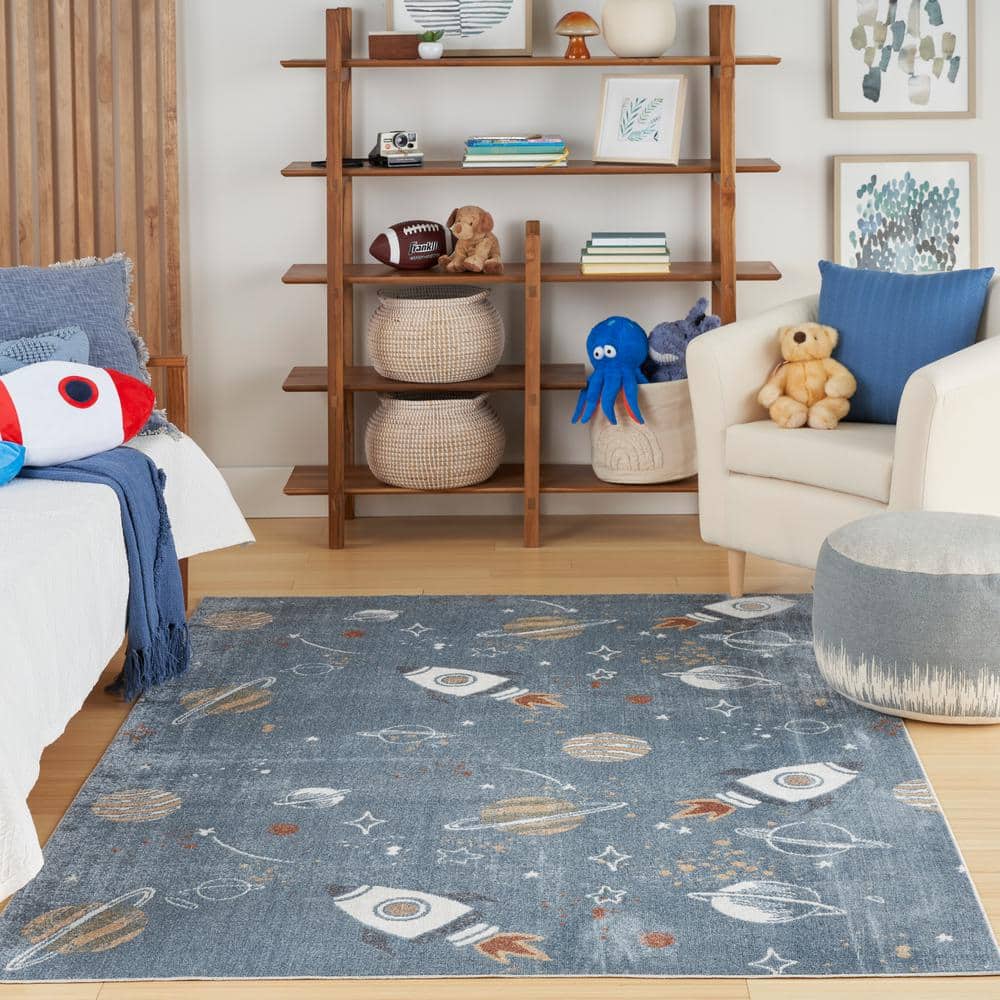 Astra Blue Multicolor Space Theme Kids Washable Rug 4' x 6'