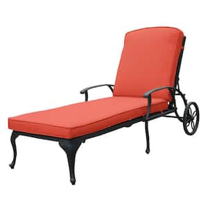 Black Cast Aluminium Frame Outdoor Chaise Lounger Chair Recliner with Red Cushion for Pool, Balcony (1-Pack)