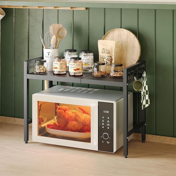 Anqtovp 2-Shelf Stainless Steel Adjustable Microwave Stand Kitchen Countertop Organizer with 8 Hooks 55lbs Capacity