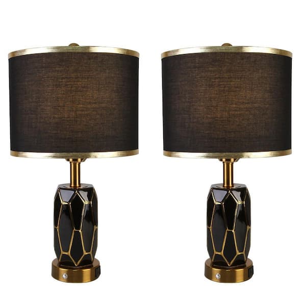 JC TOPA Set of 2, H22.8 in Black Ceramic Touch Dimmable Bedside Table Lamp with USB Port, LED bulbs included