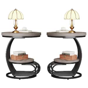 19.68 in. Width Gray Wood and Metal C-Shape End Table Set of 2, Round Side Table for Living Room, Bedroom