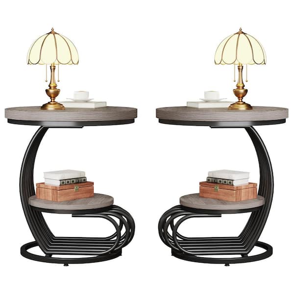 BYBLIGHT 19.68 in. Width Gray Wood and Metal C-Shape End Table Set of 2, Round Side Table for Living Room, Bedroom