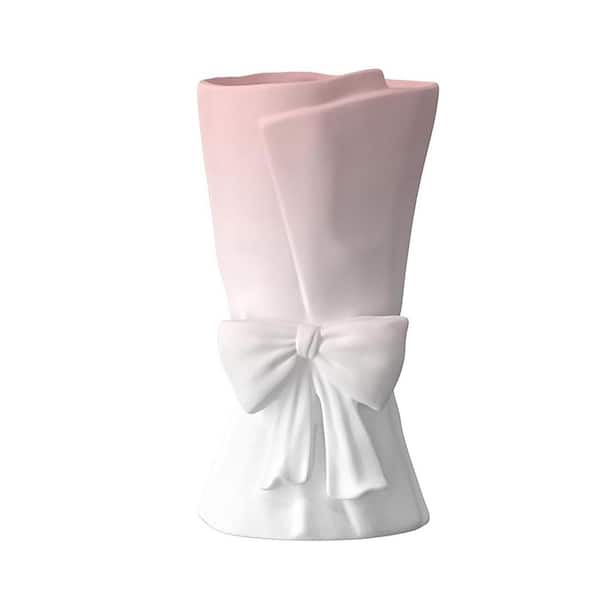 Unbranded Adorable Pink & White Ceramic Bow Vase, 9.64" - Chic Modern Decor for Home, Ideal Gift for Women & Girls Round