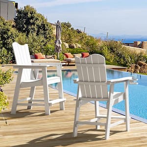 White Plastic Adirondack Outdoor Bar Stool with Cup Holder Weather Resistant Wave Design Bar Chair(2-Pack)