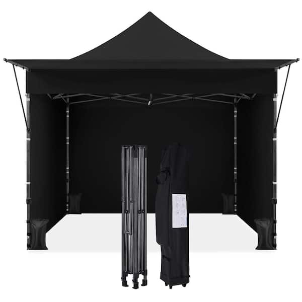 10 × 10 ft Commercial Pop-up Canopy Tent W/ 3 Sidewalls & Sandbags & Roller Bag & Ground Stakes & Guy Lines, Black