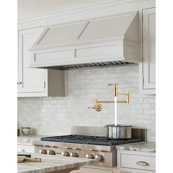 Brass Wall Mouned Pot Filler Kitchen Faucet, Modern Kitchen Faucet with Double Joint Swing Arm in Brushed Gold