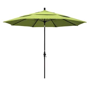 11 ft. Bronze Aluminum Market Patio Umbrella with Collar Tilt Crank Lift in Parrot Sunbrella