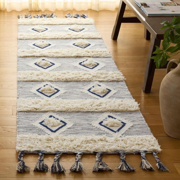 Natura 2 ft. x 8 ft. Ivory/Blue Diamond Striped Flokati Runner Rug