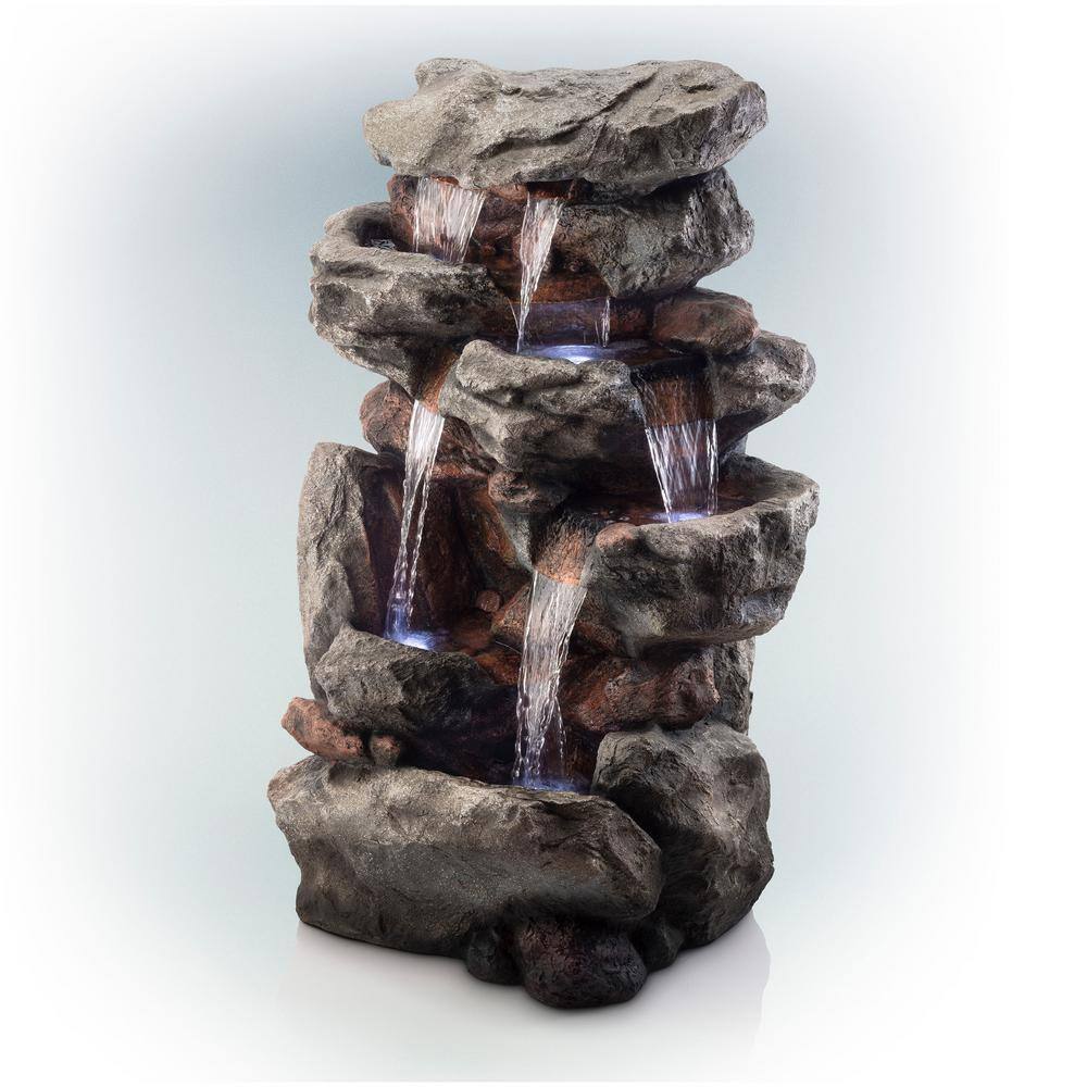 52" Brown Tiered Rock Waterfall Fountain with LED Lights
