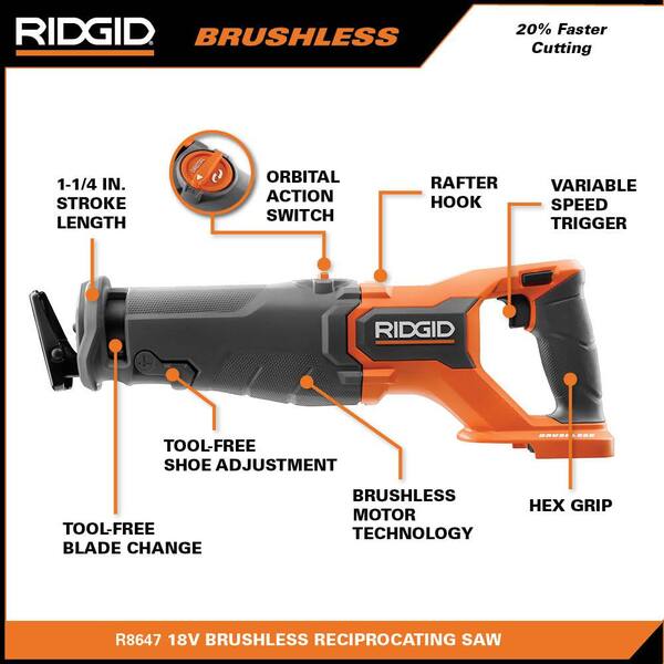 Ridgid 18V Brushless Cordless 2-Tool Combo Kit with Reciprocating Saw and Multi-Tool (Tools Only) with Brushless Jig Saw