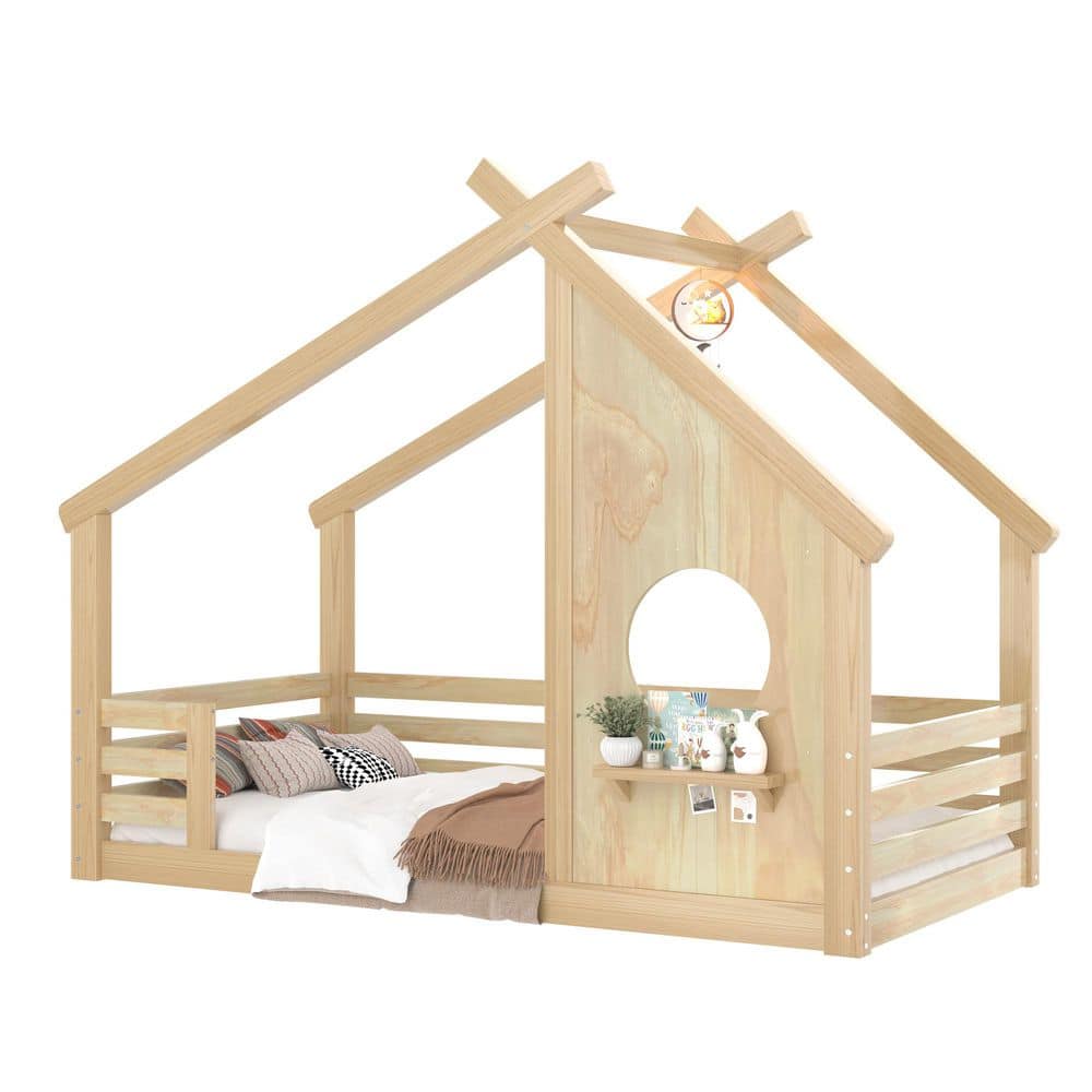 Valenor Natural Twin Size Wood Frame House Floor Bed with Window and a Small Shelf price history on PriceWatchPro