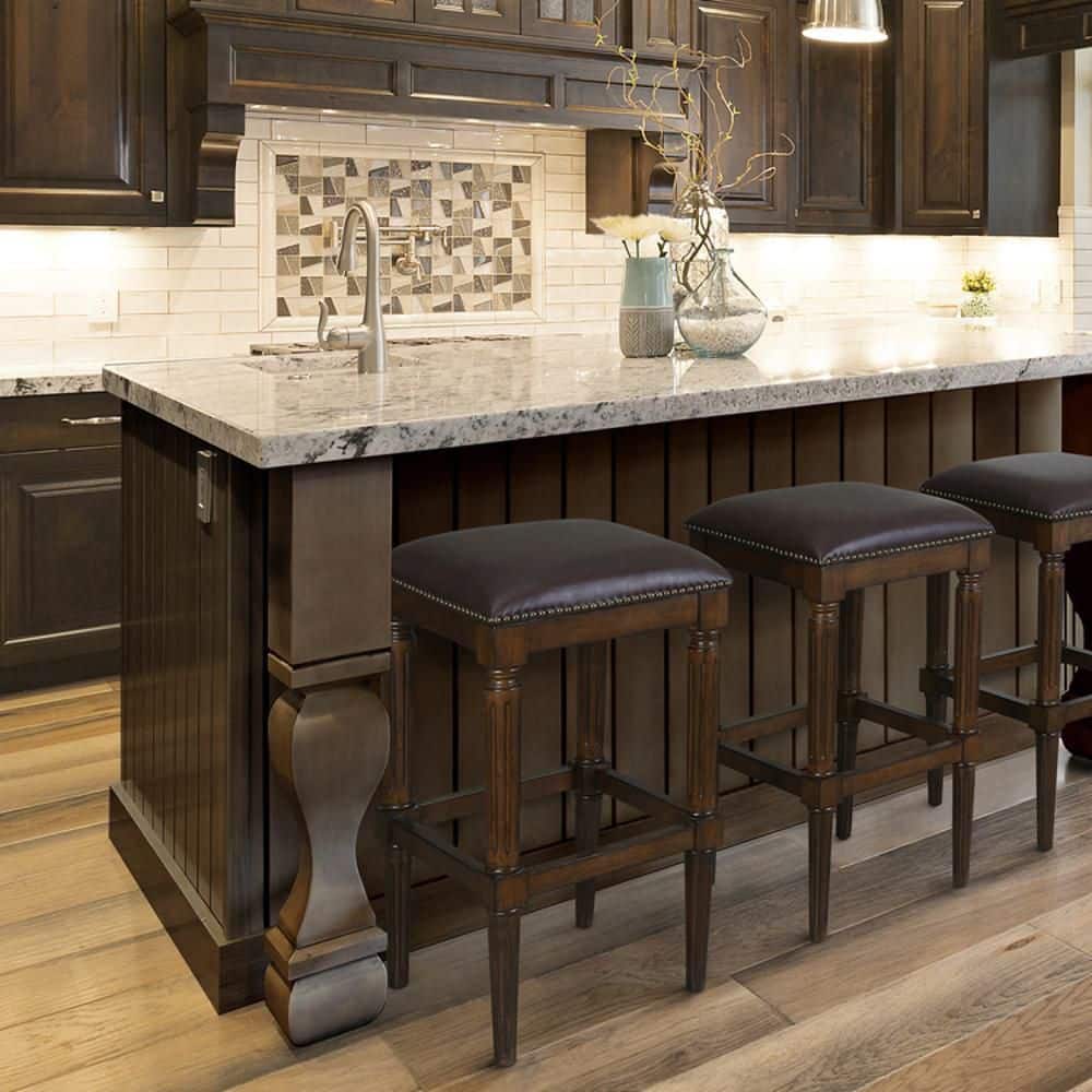 Distressed Walnut 30" Backless Bar Stool with Faux Leather Seat
