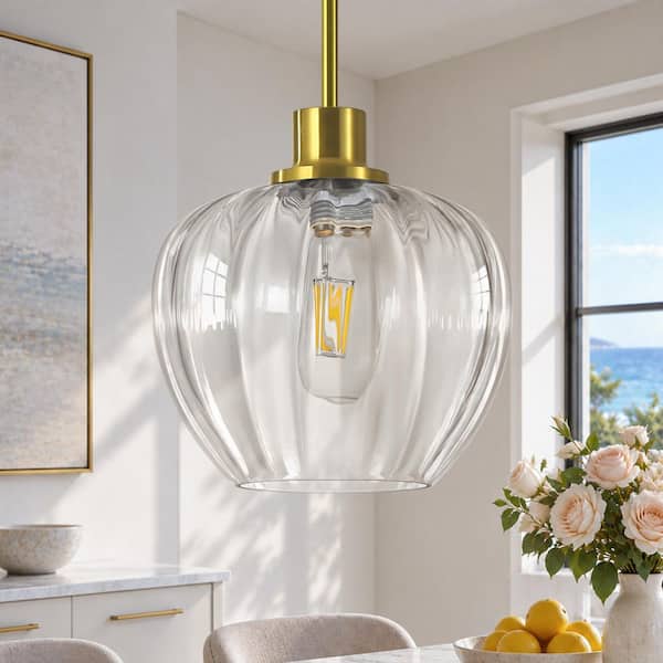 RayHome 60-Watt 9 in.1-Light Brass Island Pendant Hanging Light with Ribbed Shade for Kitchen, Dining, Foyer