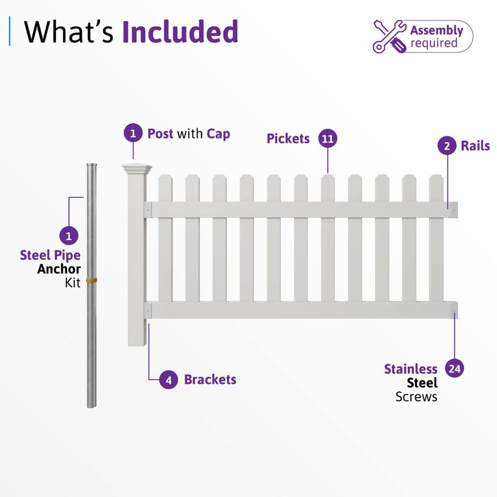 3ft H x 6ft W White Vinyl No Dig Picket Fence Panel