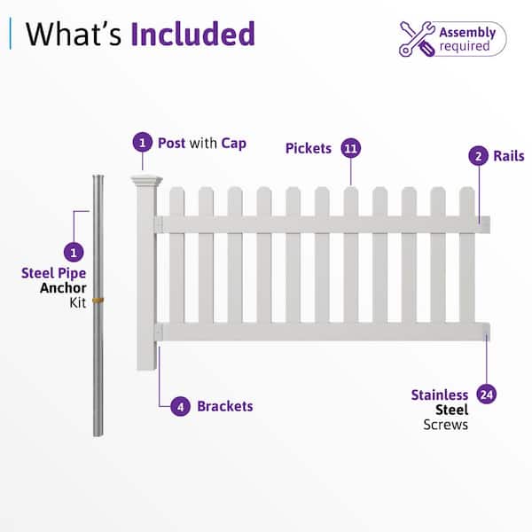 WamBam Fence 3 ft. x 6 ft. Newport Picket Vinyl Fence with No-Dig Steel Pipe Anchor Kit