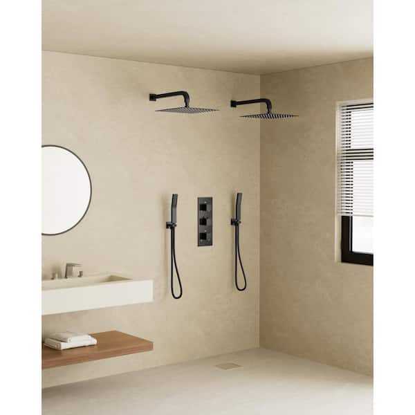 YAWWALK Thermostatic Valve 8-Spray 12 in. and 12 in. Wall Mount Dual Shower Head and Handheld Shower in Matte Black