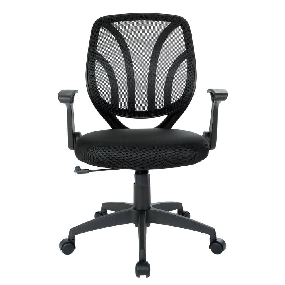 Office Star Products Black Mesh Screen Back Chair with Flip Arms and Silver Accents EM69202N3M