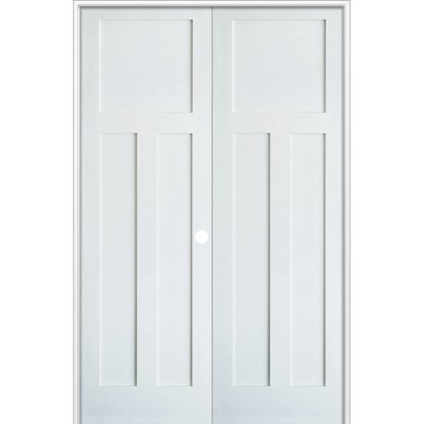 Krosswood Doors 72 in. x 96 in. Craftsman Shaker 3-Panel Left Handed MDF Solid Core Primed Wood Double Prehung Interior French Door
