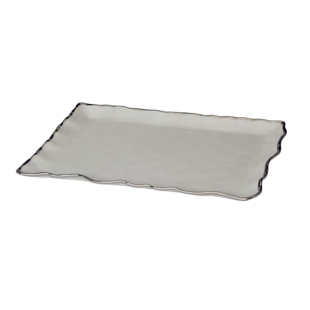 Elegant Silver Rimmed Rectangular Ceramic Serving Platter, 16 inches