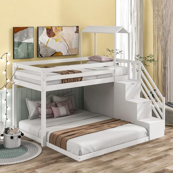 Qualler White Twin over Full Roof Bunk Bed with Staircase and Shelves