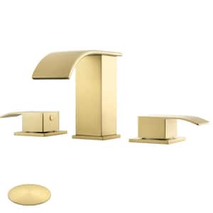8 in. Widespread Double-Handle Waterfall Spout Bathroom Vessel Sink Faucet with Drain Kit Included in Brushed Gold