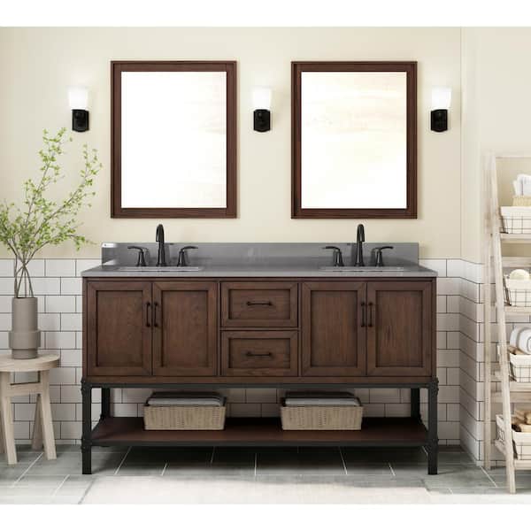 Home Decorators Collection Alster 60 in. W x 22 in. D x 35 in. H Double Sink Freestanding Bath Vanity in Brown Oak with Gray Engineered Stone Top