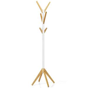 White Bamboo Coat Rack Stand with 6 Hooks