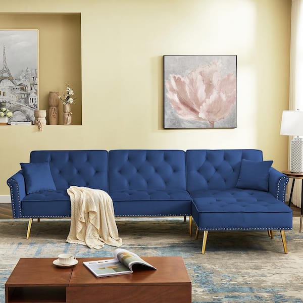 GODEER 110 in. W 2-piece Velvet Reversible Sectional Sofa Bed, L-Shaped Couch with Movable Ottoman in Blue