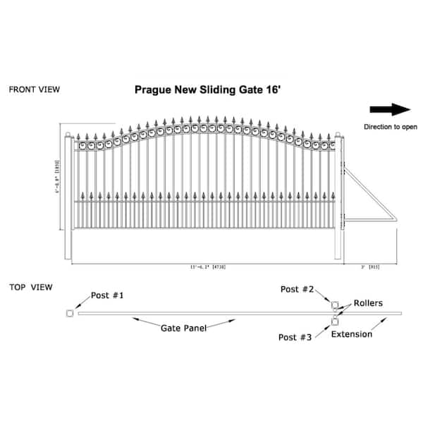Prague Style 16 ft. W x 6 ft. H Black Steel Single Slide Driveway with Gate Opener Fence Gate